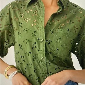 J Crew Green Eyelet Top with Puff Sleeves Size 6